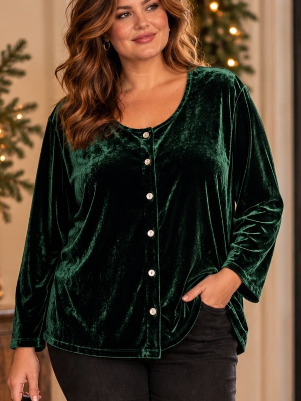 Velvet Button Front Top 3X Emerald Green Mother of Pearl Holiday